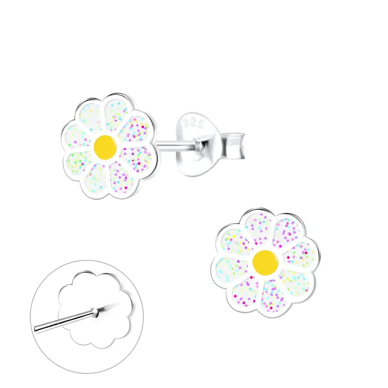 Glittery Daisy Earrings 925 Sterling Silver Hypoallergenic Earrings for Little Girls sold by Roxie’s Picks