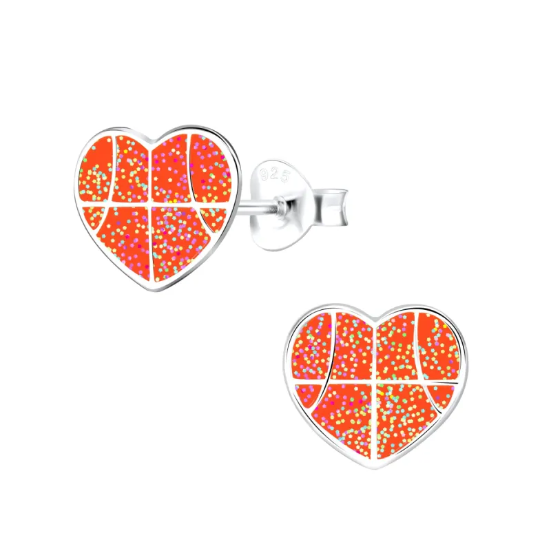 Glitter basketball heart sterling silver stud earrings sold by Roxie’s Picks