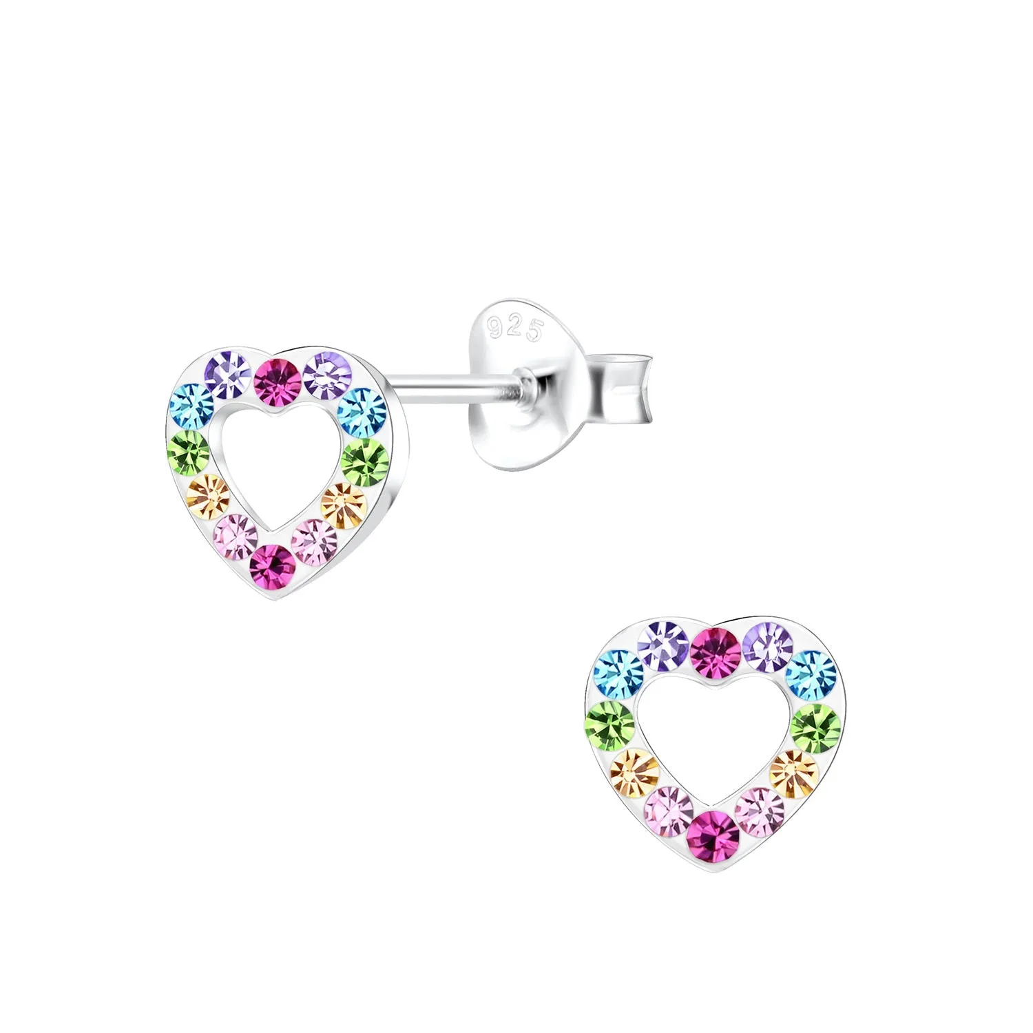 Hollow Heart with Rainbow Rhinestones Valentine Sterling Silver Stud Earrings sold by Roxie’s Picks