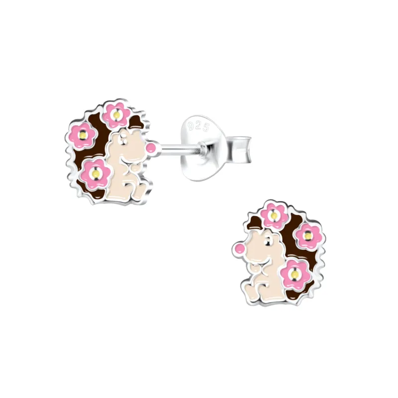 Hedgehog Earrings with Pink Flowers 925 Sterling Silver Hypoallergenic Earrings for Little Girls sold by Roxie’s Picks