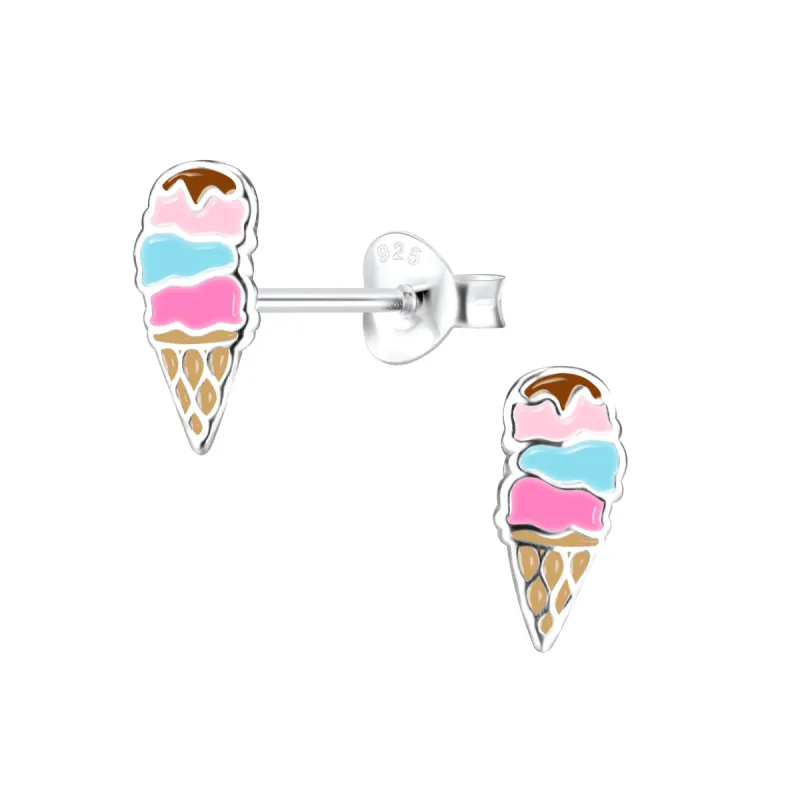 Ice Cream Cone Earrings- 3 Scoops 925 Sterling Silver Hypoallergenic Earrings for Little Girls sold by Roxie’s Picks