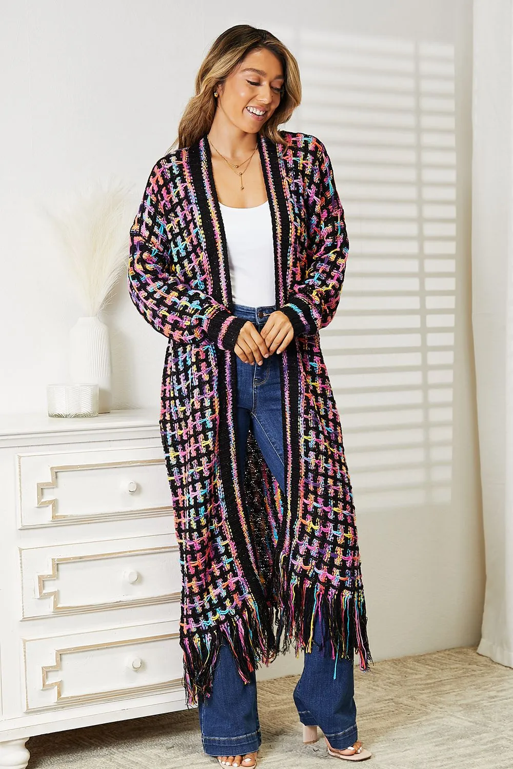 Multicolored Open Front Fringe Hem Cardigan sold by Roxie’s Picks