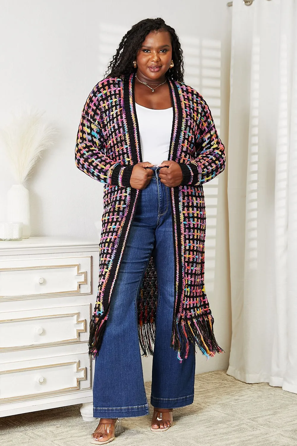 Multicolored Open Front Fringe Hem Cardigan sold by Roxie’s Picks product image thumbnail 2