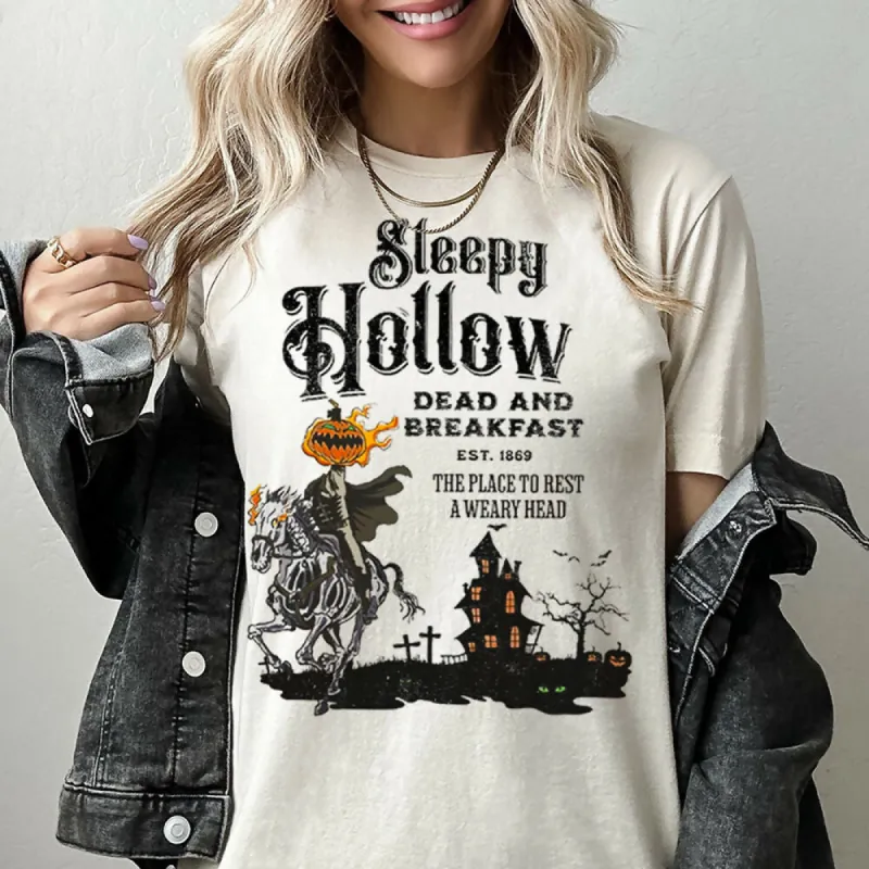 Sleepy Hollow Dead And Breakfast Scary Halloween Graphic Tee sold by Roxie’s Picks