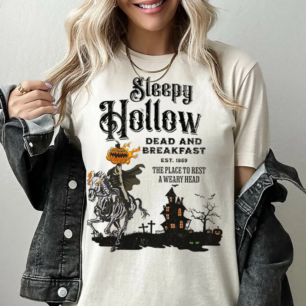 Sleepy Hollow Dead And Breakfast Scary Halloween Graphic Tee sold by Roxie’s Picks