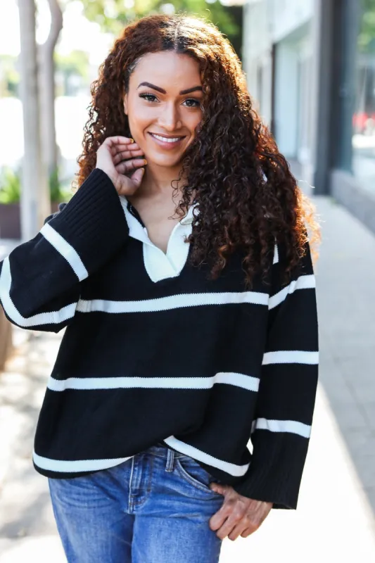 Fall For You Black Stripe Notched Neck Collared Oversized Sweater sold by Roxie’s Picks