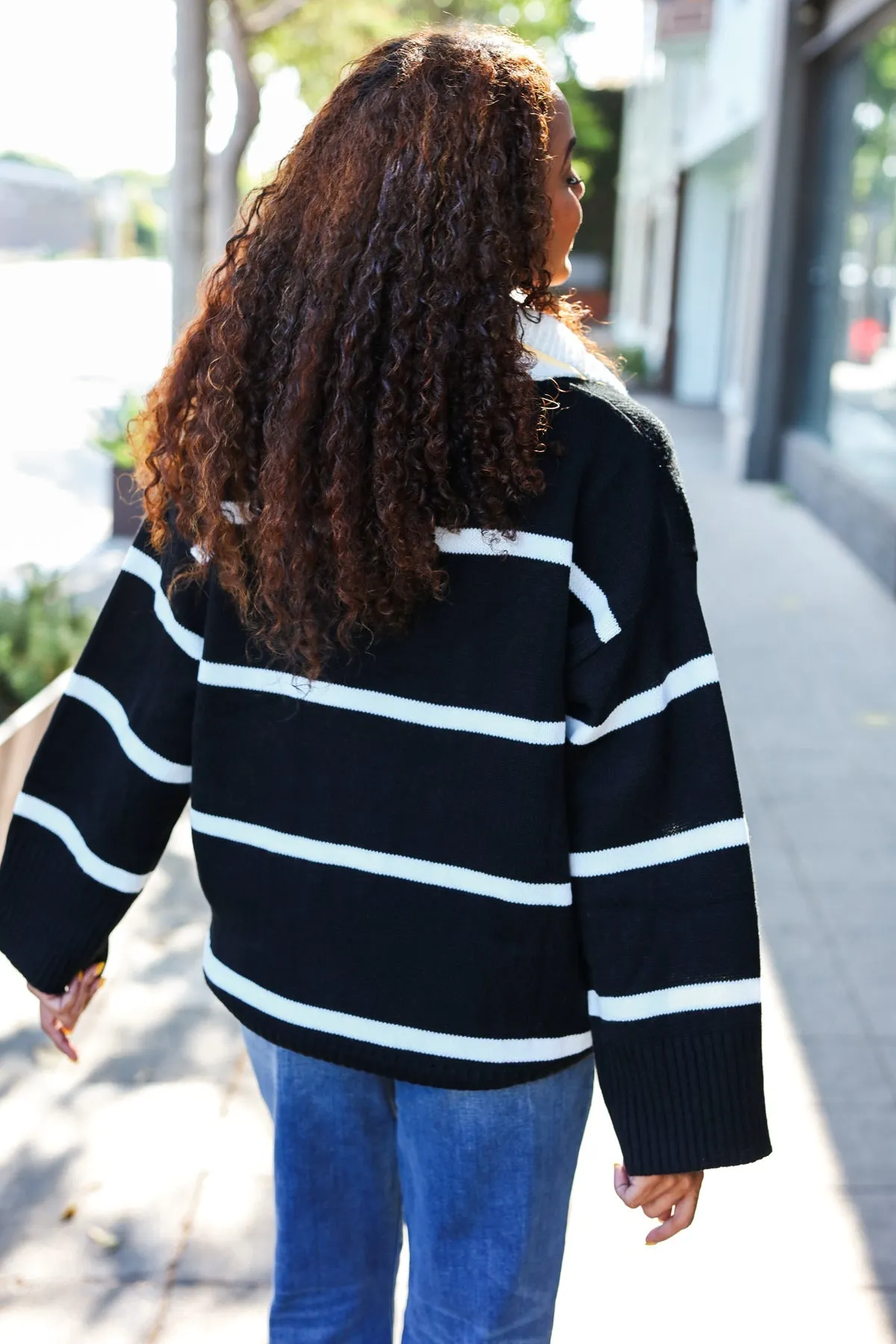 Fall For You Black Stripe Notched Neck Collared Oversized Sweater sold by Roxie’s Picks product image thumbnail 3