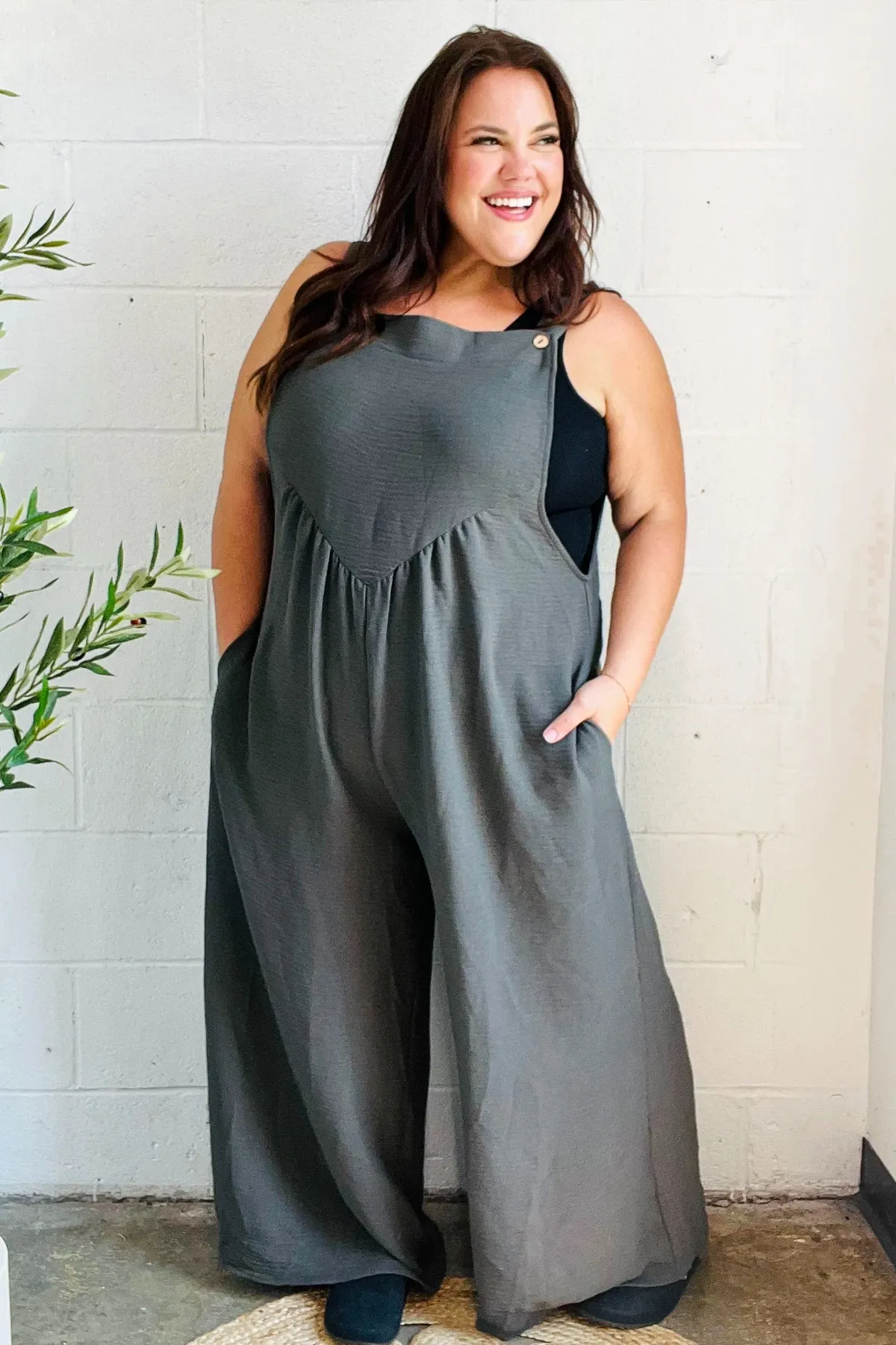 Everyday Grey Olive Wide Leg Suspender Overall Jumpsuit sold by Roxie’s Picks product image thumbnail 4