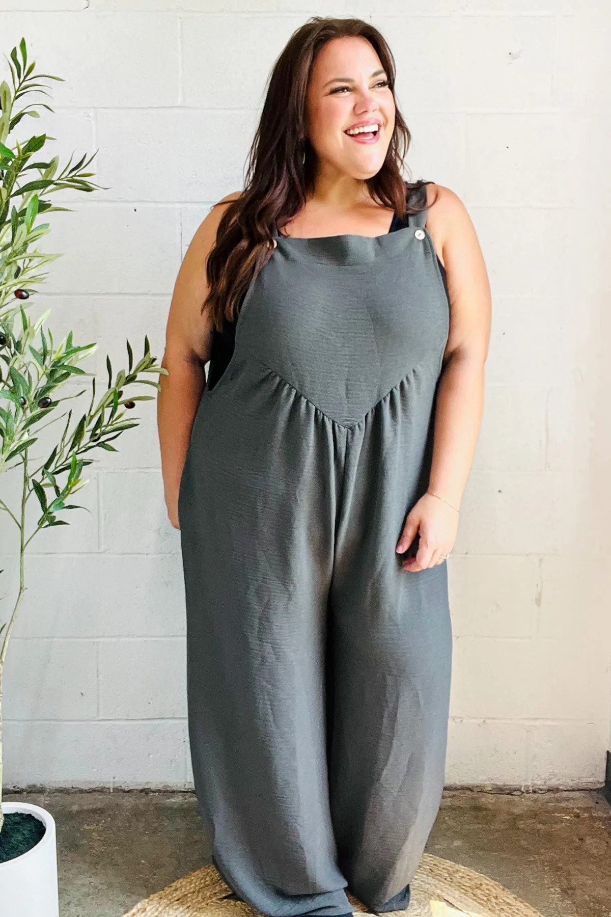 Everyday Grey Olive Wide Leg Suspender Overall Jumpsuit sold by Roxie’s Picks product image thumbnail 2