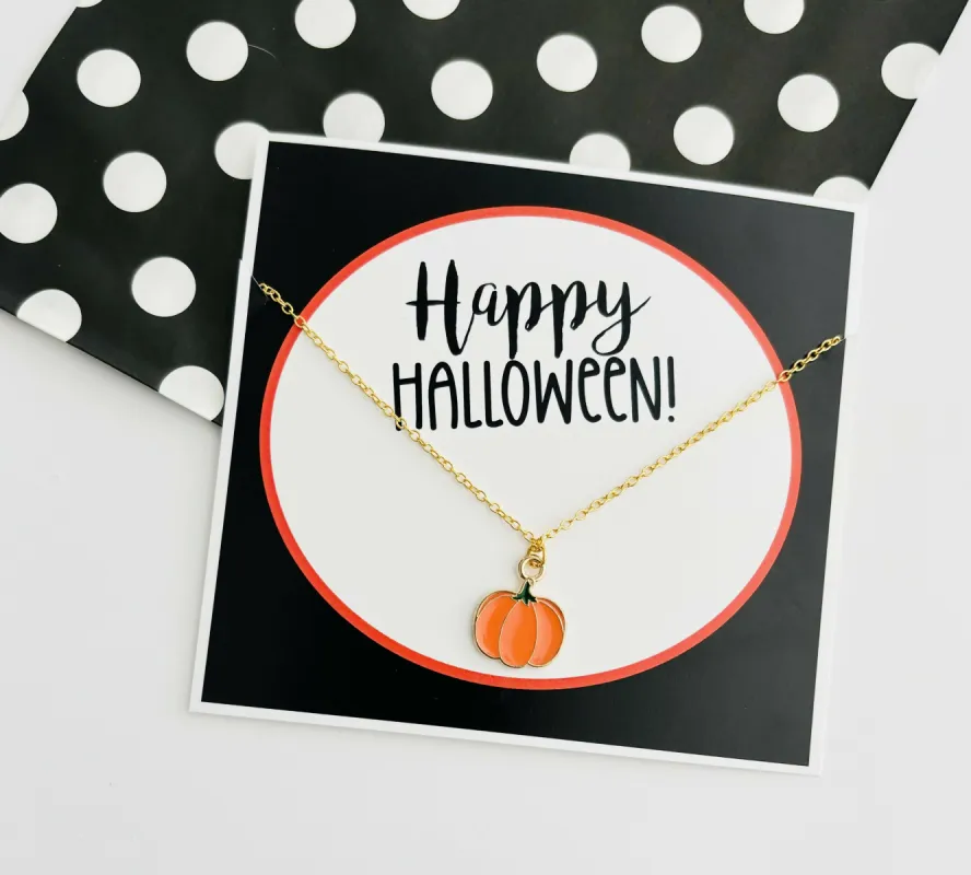 Happy Halloween Pumpkin Necklace On Stationery Card made by Roxie’s Picks