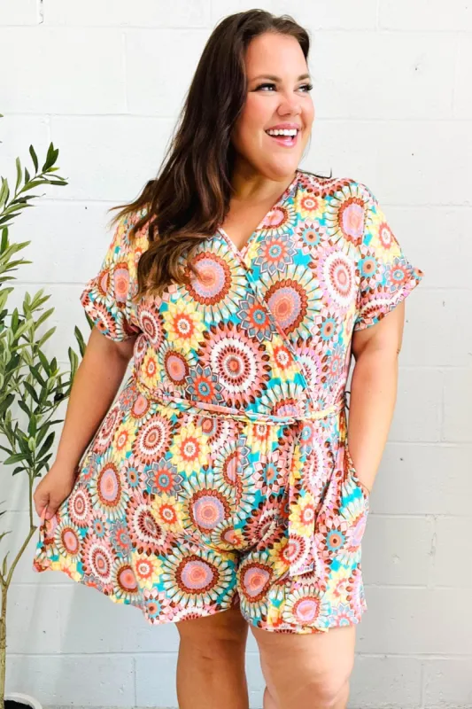 Feeling Bold Multicolor Mandala Print Surplice Tie Waist Romper sold by Roxie’s Picks