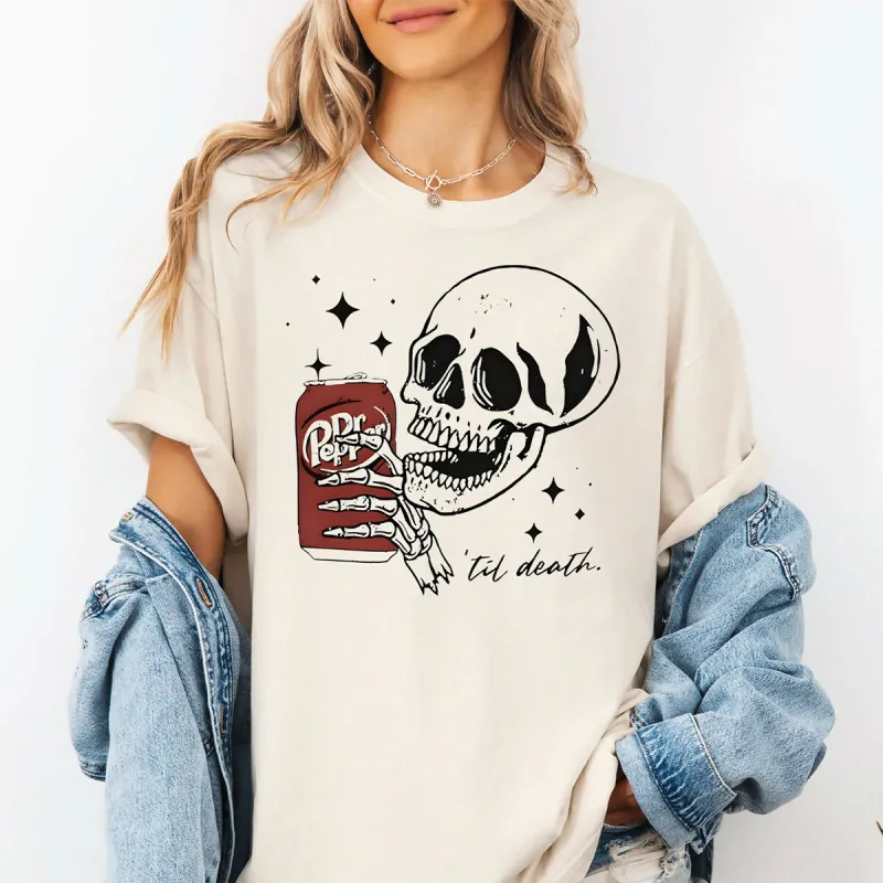Til Death Dr. Pepper & Skeleton Halloween Graphic Tee sold by Roxie’s Picks