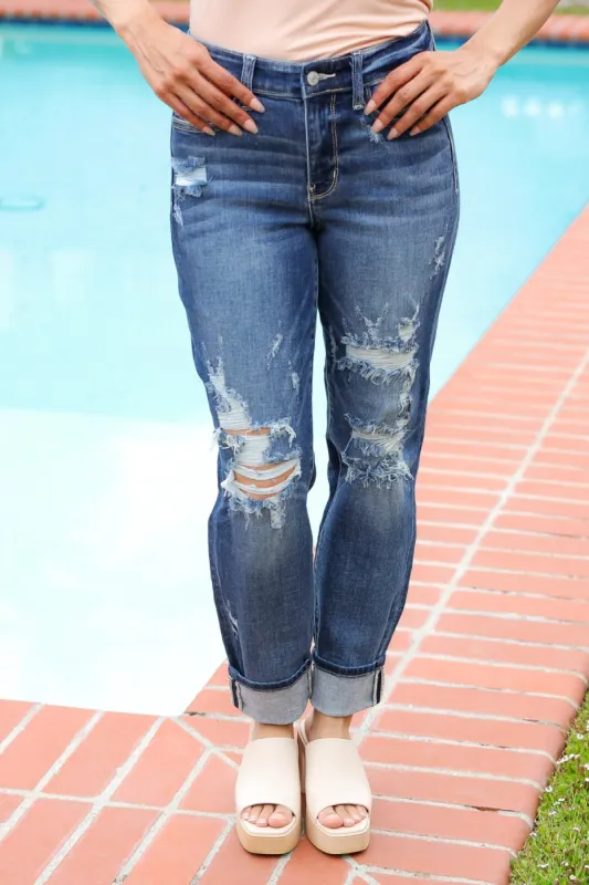 Judy Blue Mid Rise Distressed Boyfriend Fit Cuffed Jeans sold by Roxie’s Picks