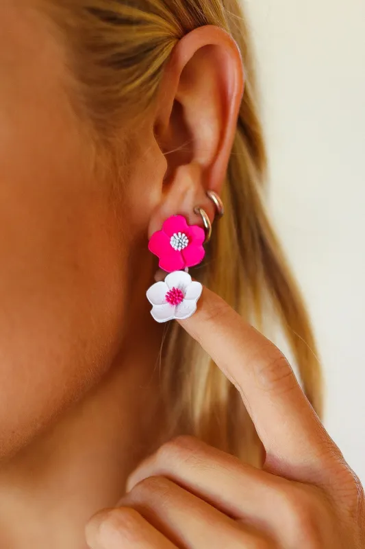 Fuchsia & White Tiered Flower Dangle Earrings made by ICON