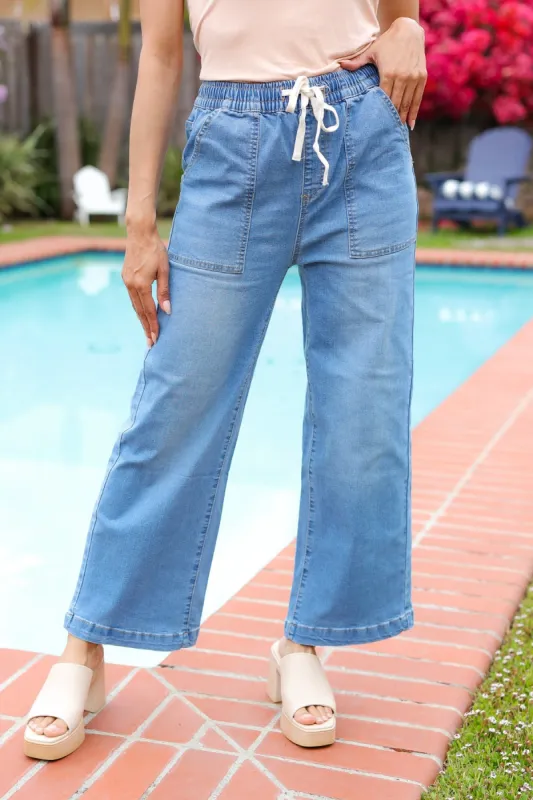 Denim Blue High Rise Drawstring Cropped Jeans sold by Roxie’s Picks