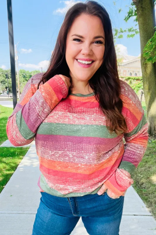 Fall Vibes Rust & Olive Stripe Terry Long Sleeve Top sold by Roxie’s Picks
