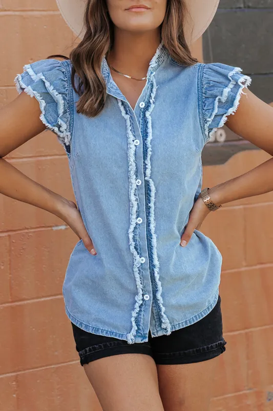 Ashlyn Ruffled Flutter Frayed Denim Top sold by Roxie’s Picks