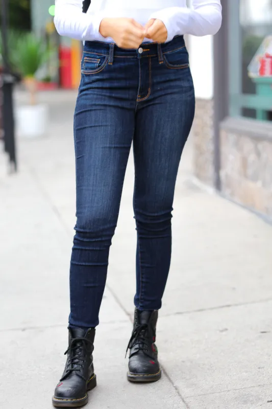 Can't Lose Dark Blue Denim Raw Hem Mid Rise Jeans sold by Roxie’s Picks