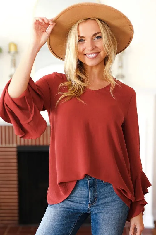 Falling In Love Rust Hi-Lo Ruffle Sleeve Woven Top sold by Roxie’s Picks product image thumbnail 4