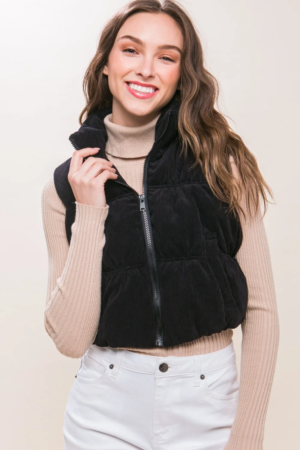 Corduroy Zip Up Puffer Vest with Pockets - Black sold by Roxie’s Picks