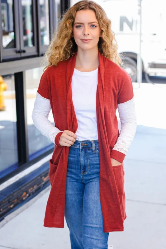 Casual Days Rust Lace Sleeve Front Pocket Hacci Cardigan sold by Roxie’s Picks