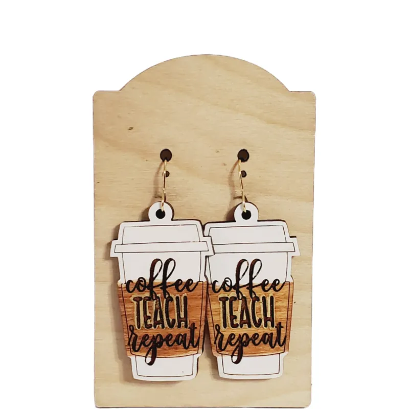 Coffee Teach Repeat Earrings made by Roxie’s Picks
