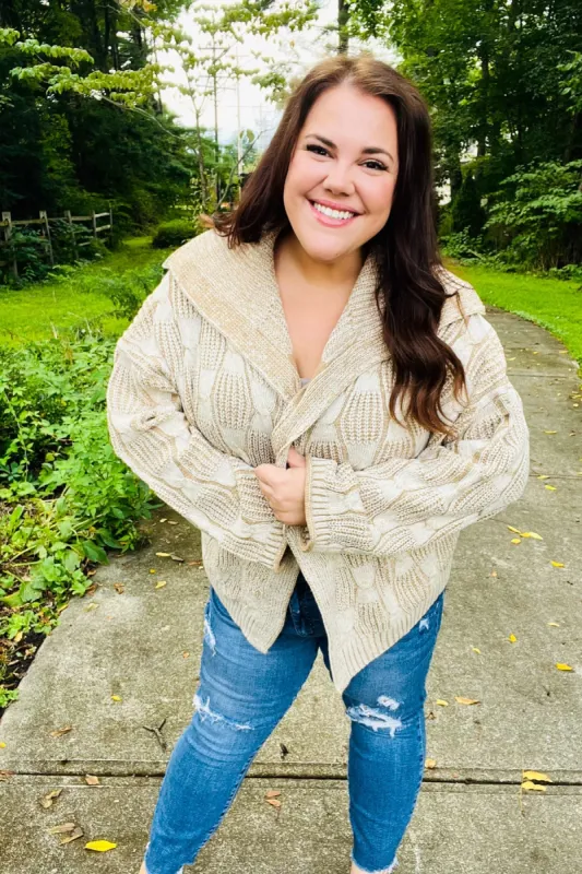 Autumn Vibes Taupe Textured Cable Knit Collared Cardigan sold by Roxie’s Picks