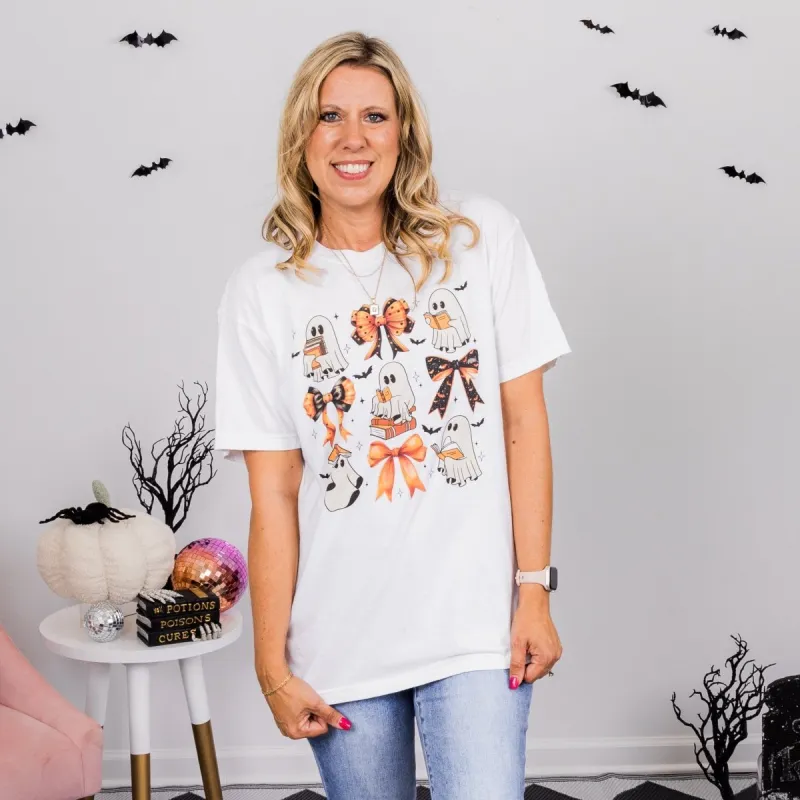 Ghosts Bows & Books Comfort Color Graphic Tee sold by Roxie’s Picks