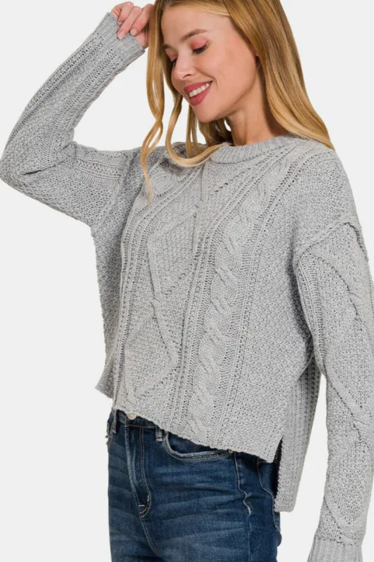 Zenana Cropped High Low Cable Sweater with Side Slits sold by Roxie’s Picks