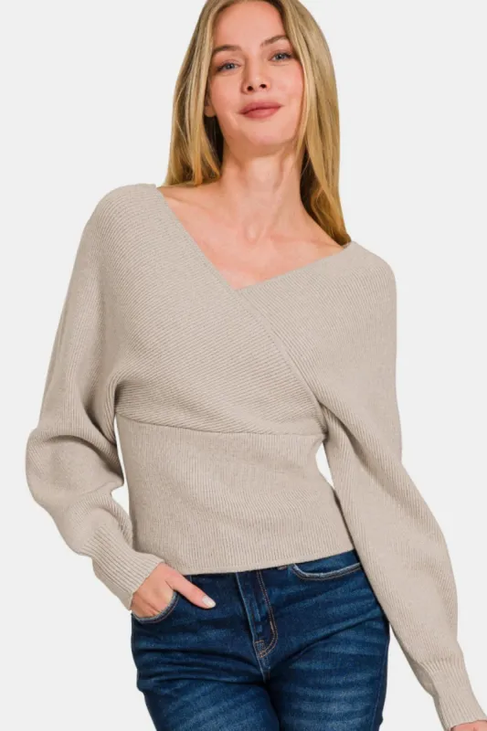 Zenana Cross Wrap Rib Long Sleeve Sweater sold by Roxie’s Picks