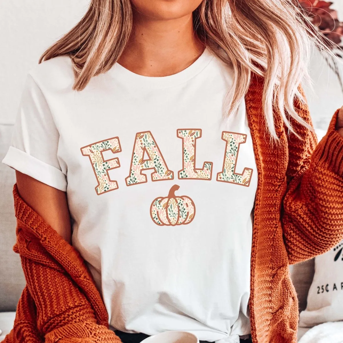 Fall Pumpkin Floral Pattern Bella Graphic Tee sold by Roxie’s Picks product image thumbnail 2