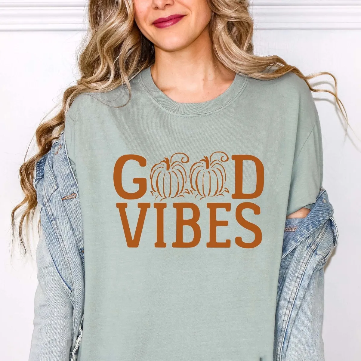 Good Vibes Pumpkin Comfort Color Graphic Tee sold by Roxie’s Picks product image thumbnail 4