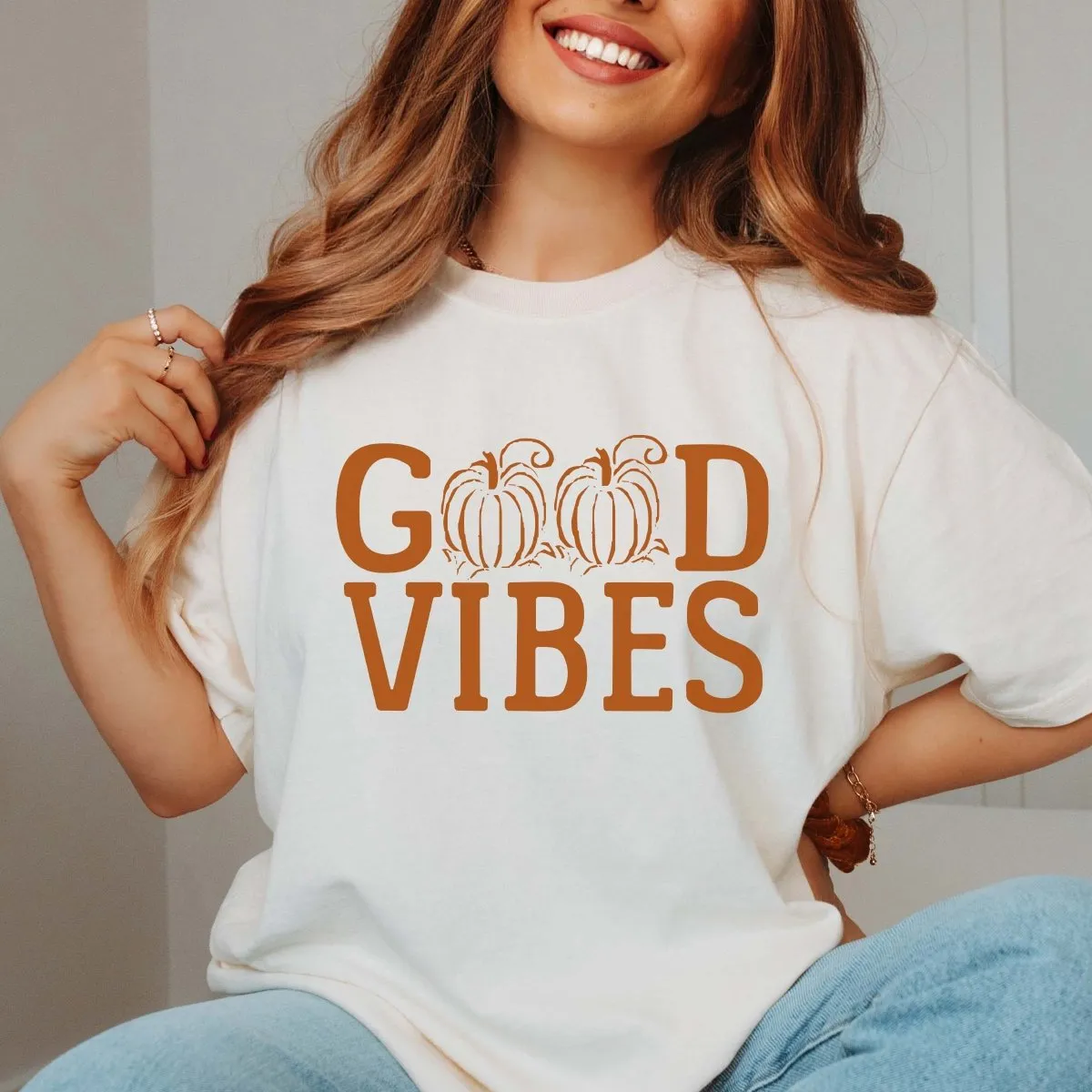 Good Vibes Pumpkin Comfort Color Graphic Tee sold by Roxie’s Picks product image thumbnail 3