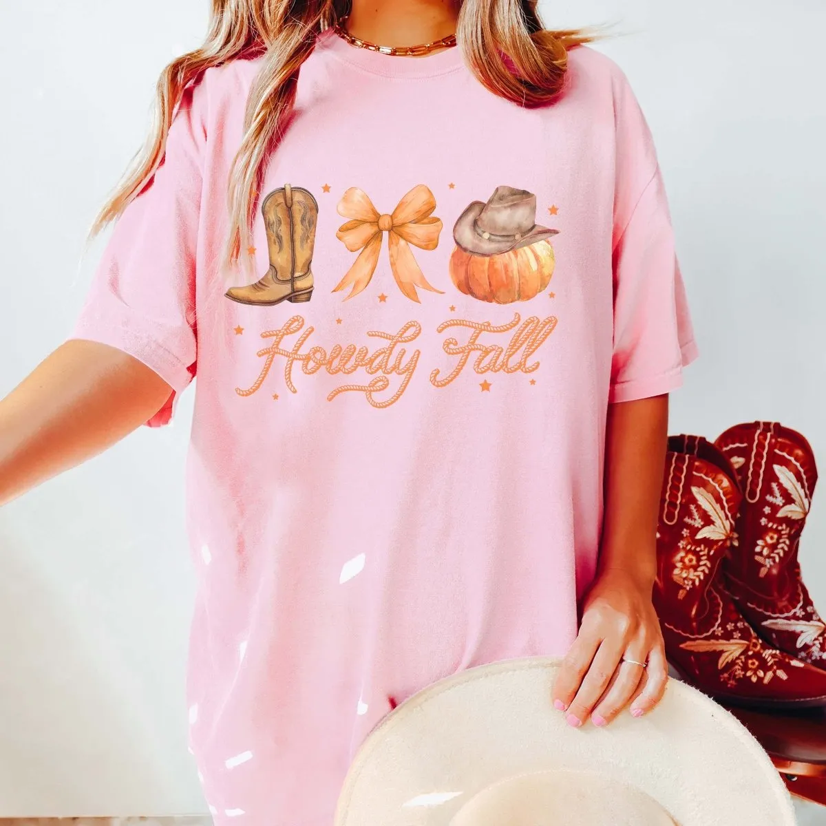 Howdy Fall Boot Bow Pumpkin Comfort Color Graphic Tee sold by Roxie’s Picks product image thumbnail 3