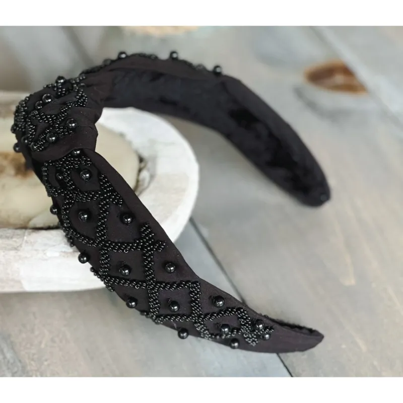 Monochrome Black Seed Bead Front Knot Headband sold by Roxie’s Picks