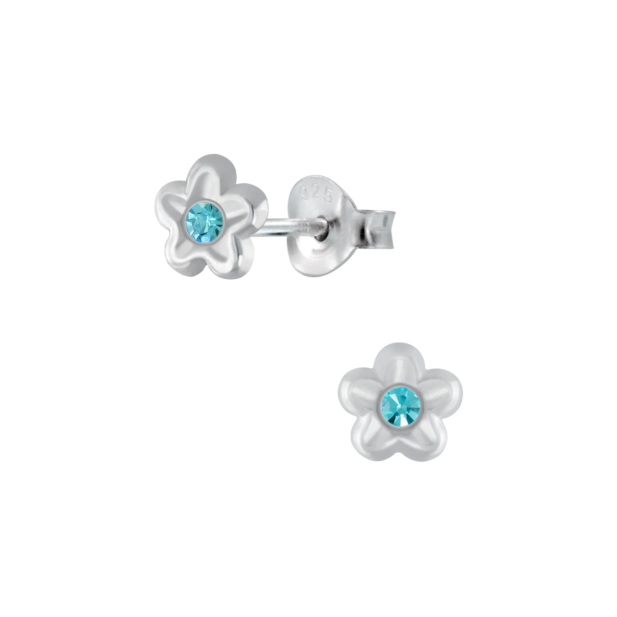 Silver Flower Earrings with Teal Center 925 Sterling Silver Hypoallergenic Earrings for Little Girls sold by Roxie’s Picks