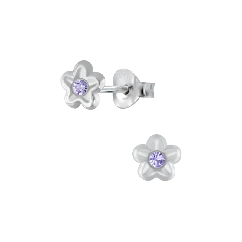 Silver Flower Earrings with Purple Center 925 Sterling Silver Hypoallergenic Earrings for Little Girls sold by Roxie’s Picks