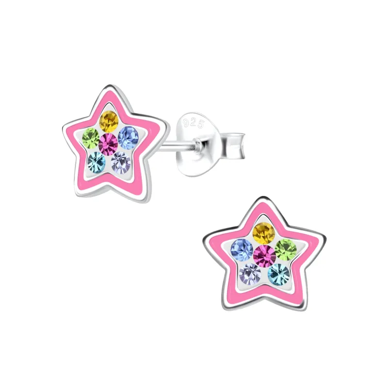 Star Earrings - Multi-Colored with Rhinestones 925 Sterling Silver Hypoallergenic Earrings for Little Girls sold by Roxie’s Picks