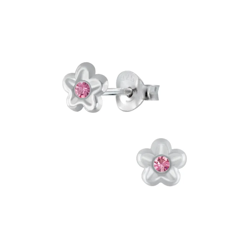 Sterling Silver Flower with Pink Rhinestone Flower tiny Stud Earrings sold by Roxie’s Picks