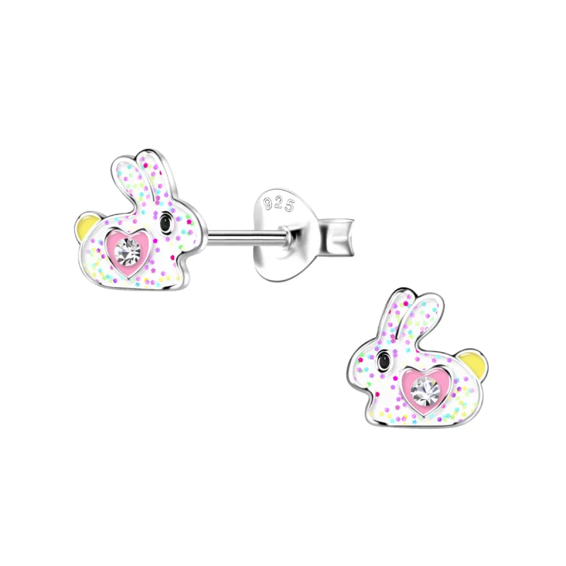White Glitter Bunny with Pink Heart Valentine Sterling Silver Stud Earrings sold by Roxie’s Picks