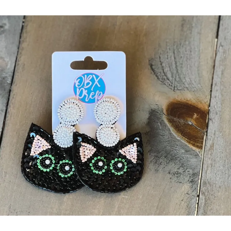 Black Cat Seed Beaded Dangle Earrings sold by Roxie’s Picks