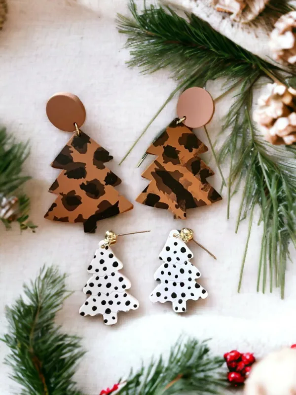 Trendy Polka Dot and Leopard Christmas Tree Drop Earrings made by Roxie’s Picks