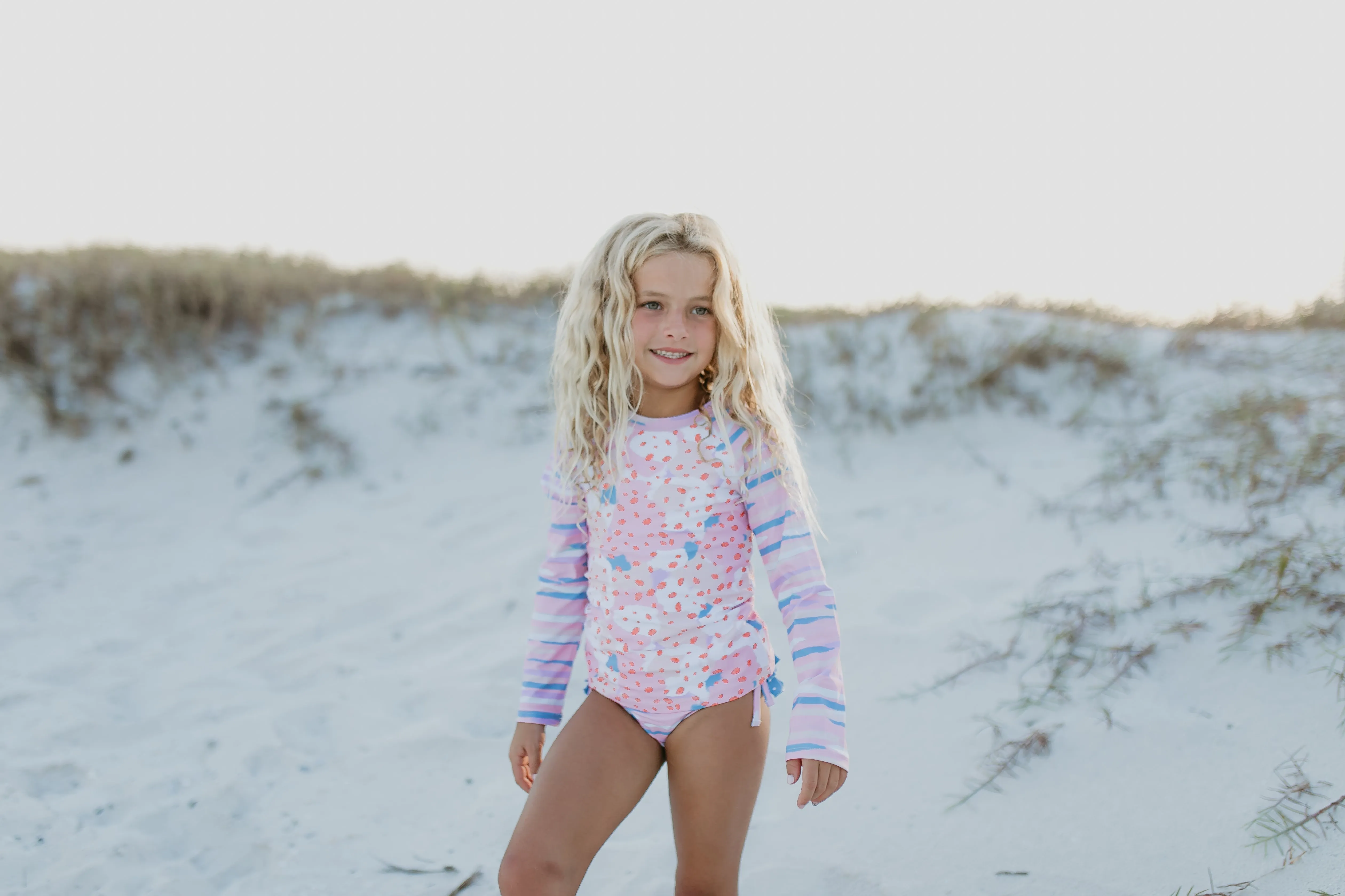 Elsie Pink Blue Abstract Long Sleeve Rash Guard Swimsuit sold by Roxie’s Picks