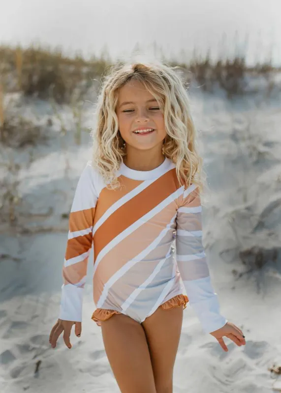 Lainey Beige Stripe Rainbow Zip Rash Guard Swimsuit sold by Roxie’s Picks