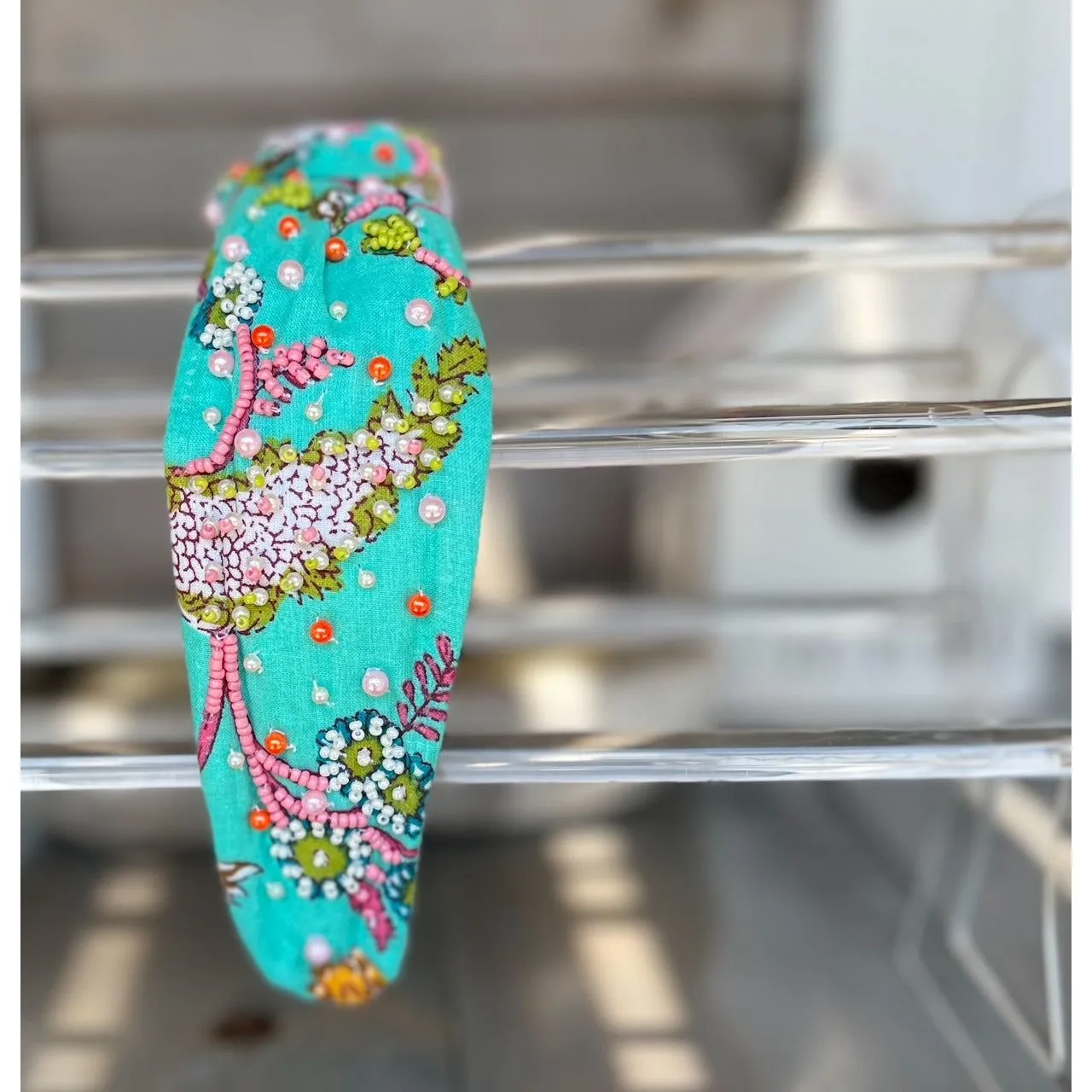 Lilly Aqua Floral Top Knot Seed Beaded Headband sold by Roxie’s Picks product image thumbnail 3