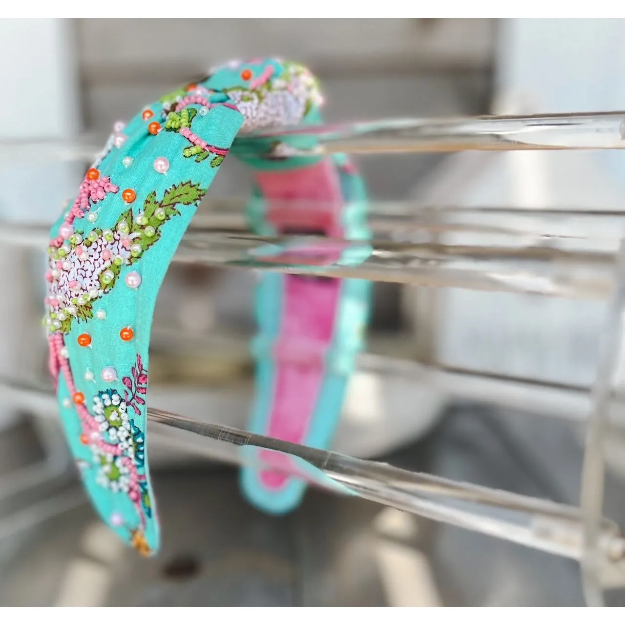 Lilly Aqua Floral Top Knot Seed Beaded Headband sold by Roxie’s Picks