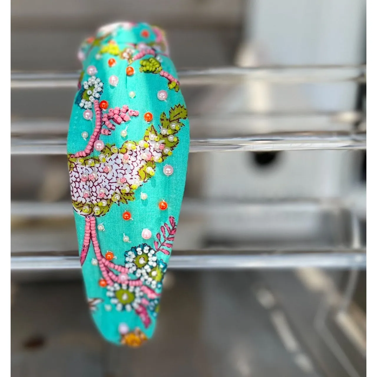 Lilly Aqua Floral Top Knot Seed Beaded Headband sold by Roxie’s Picks product image thumbnail 4