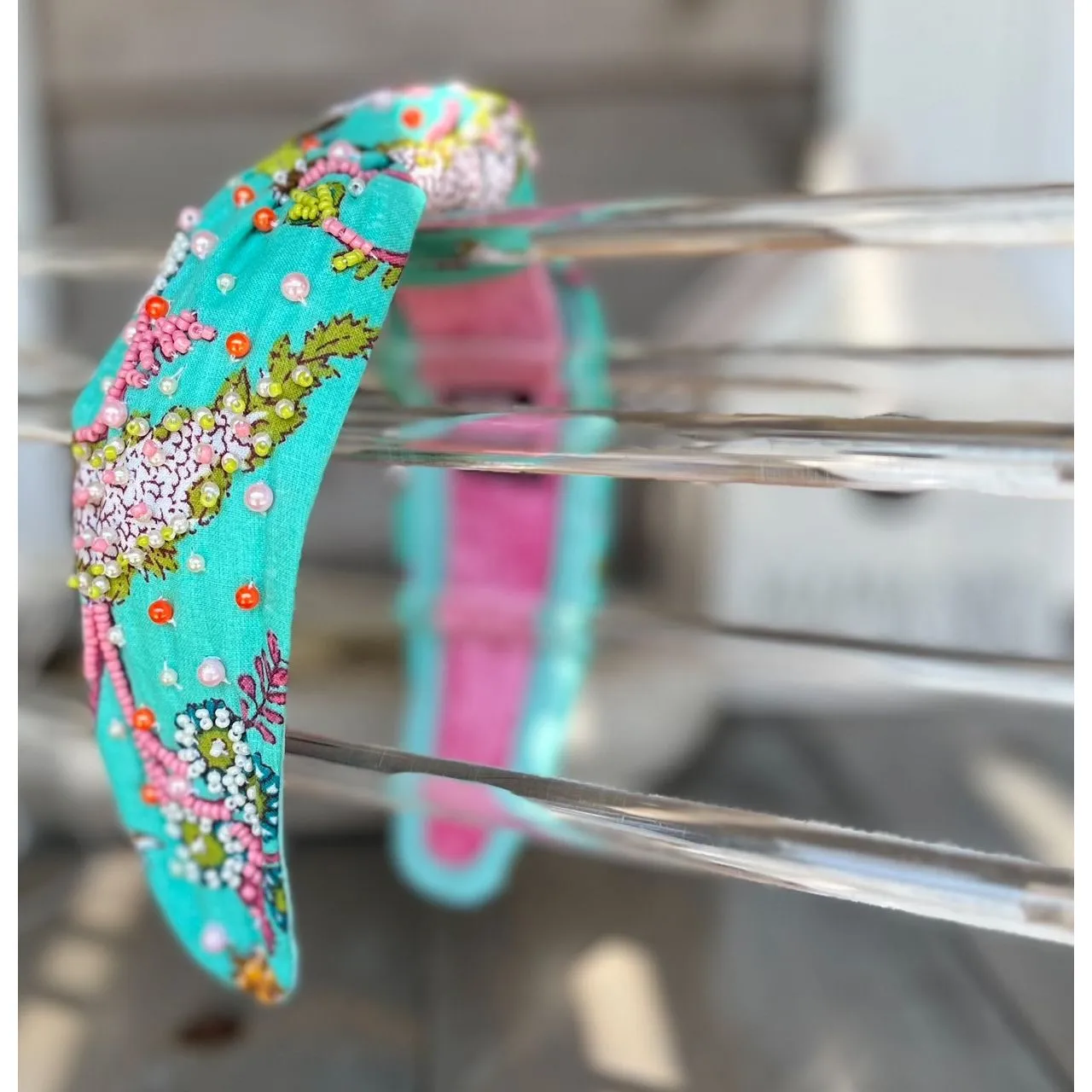 Lilly Aqua Floral Top Knot Seed Beaded Headband sold by Roxie’s Picks product image thumbnail 2