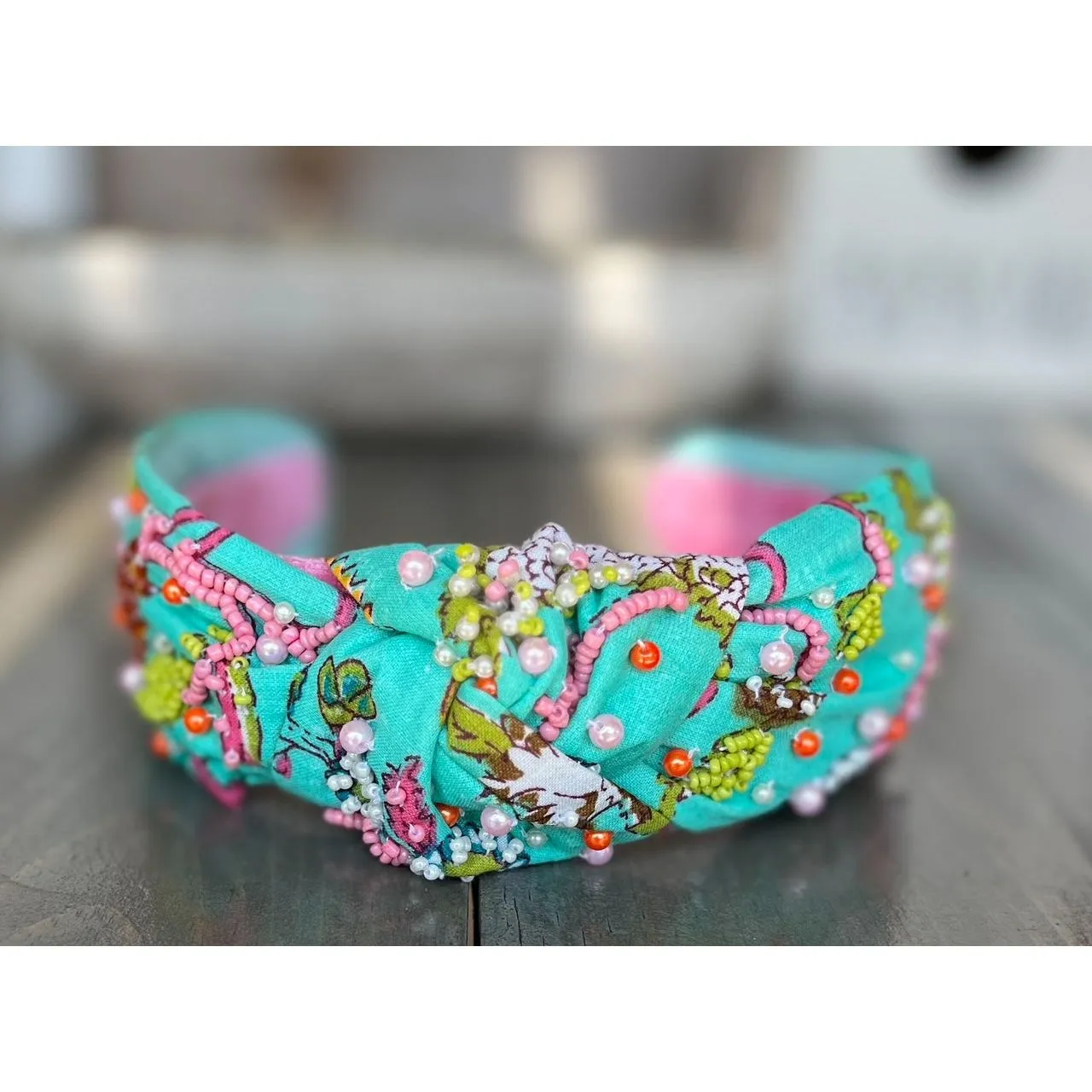 Lilly Aqua Floral Top Knot Seed Beaded Headband sold by Roxie’s Picks product image thumbnail 5