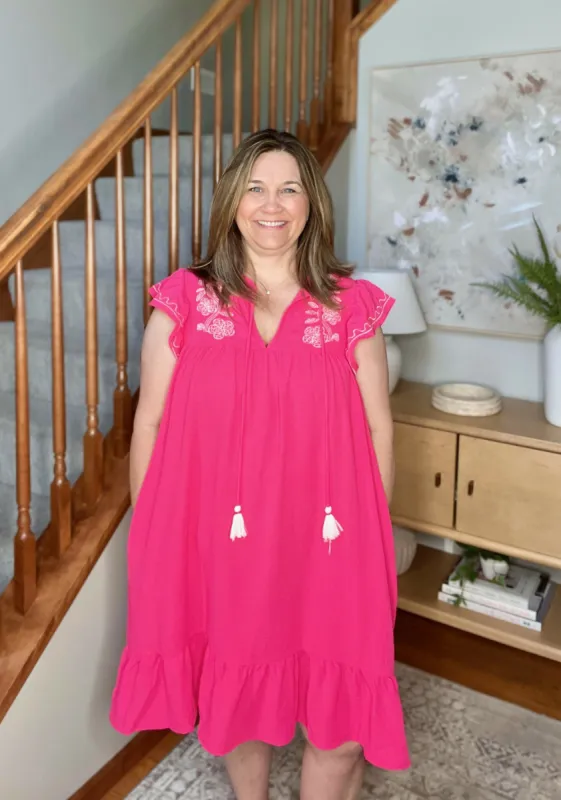 Carnival Flutter Sleeve Dress In Hot Pink sold by Roxie’s Picks